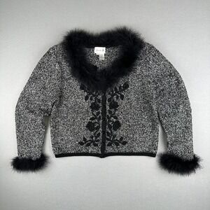 Just B Cardigan Sweater Black Floral Embroidered Beaded Feather Women's Size L‎